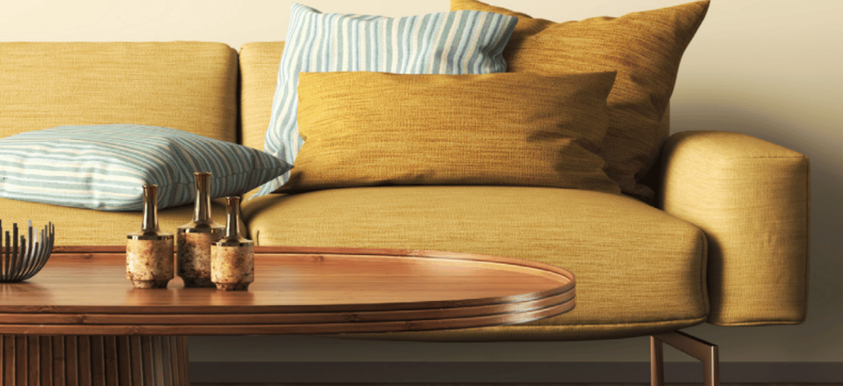 A photo of a mustard couch in a healthy home